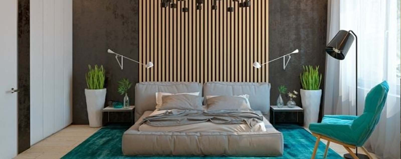Projection 3D d’une chambre : tête de lit en lames bois, tapis émeraude et fauteuil turquoise