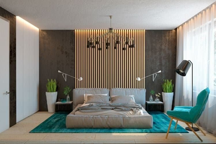 Projection 3D de la chambre, vue de face avec lustre et rideaux