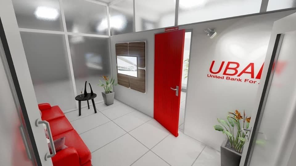 Projection 3D d’un bureau UBA : cloison vitrée, porte rouge et fauteuils rouges