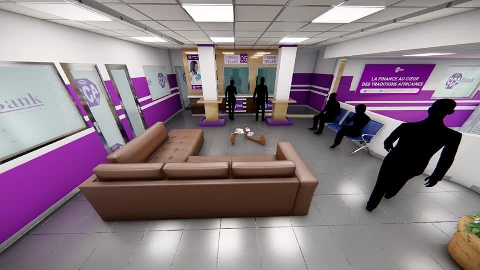 Projection 3D d’un hall d’agence violet et blanc, salon et guichets